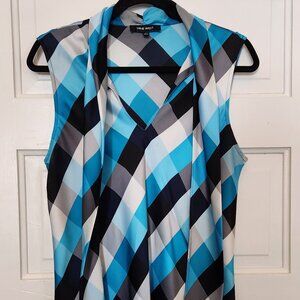 Nine West Women's Sleeveless Blouse Tie-Front Blue Checkered Plaid Lightweight